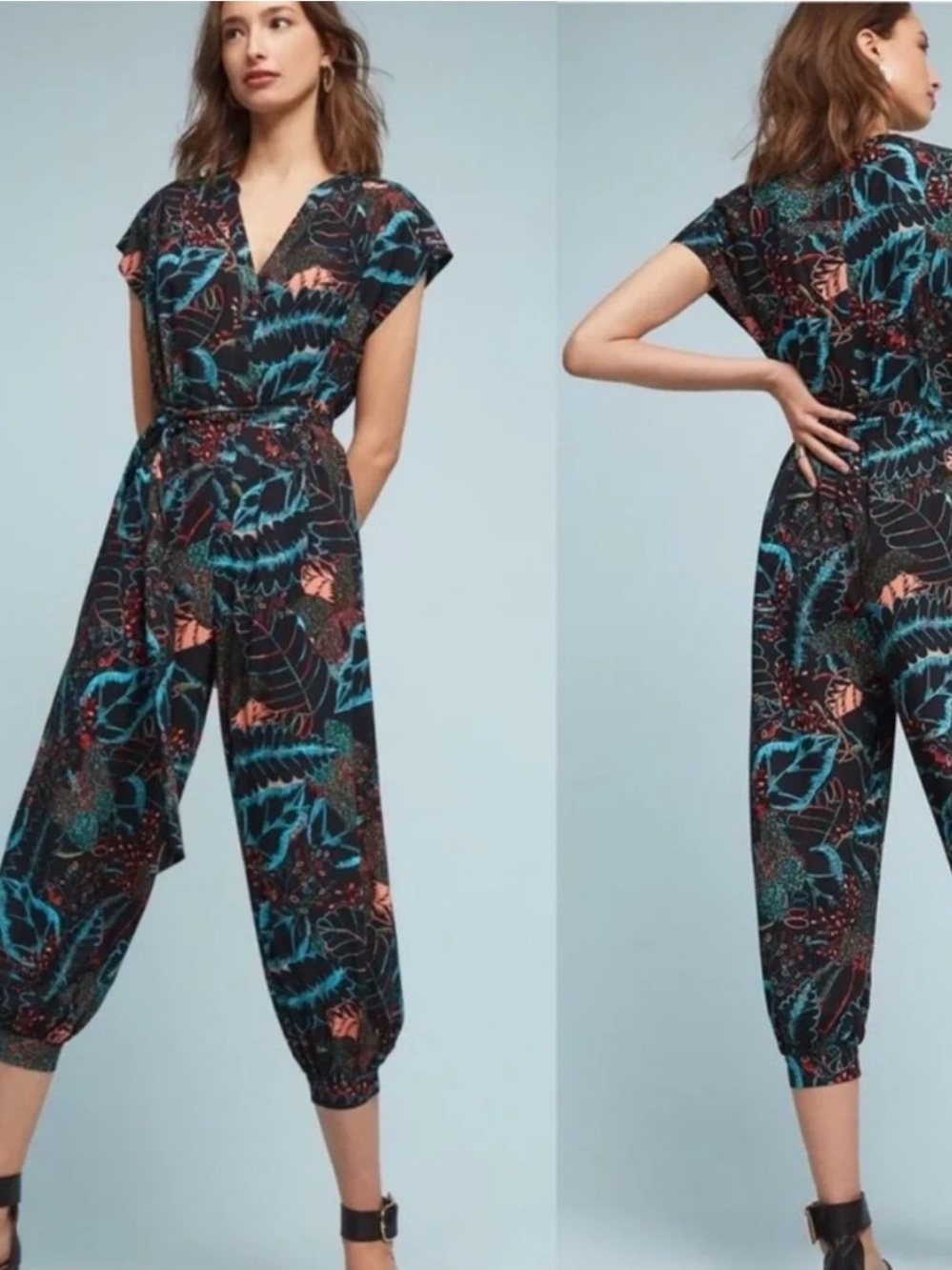 Anthropologie Maeve Geoscope Printed Floral Leaf Jumpsuit